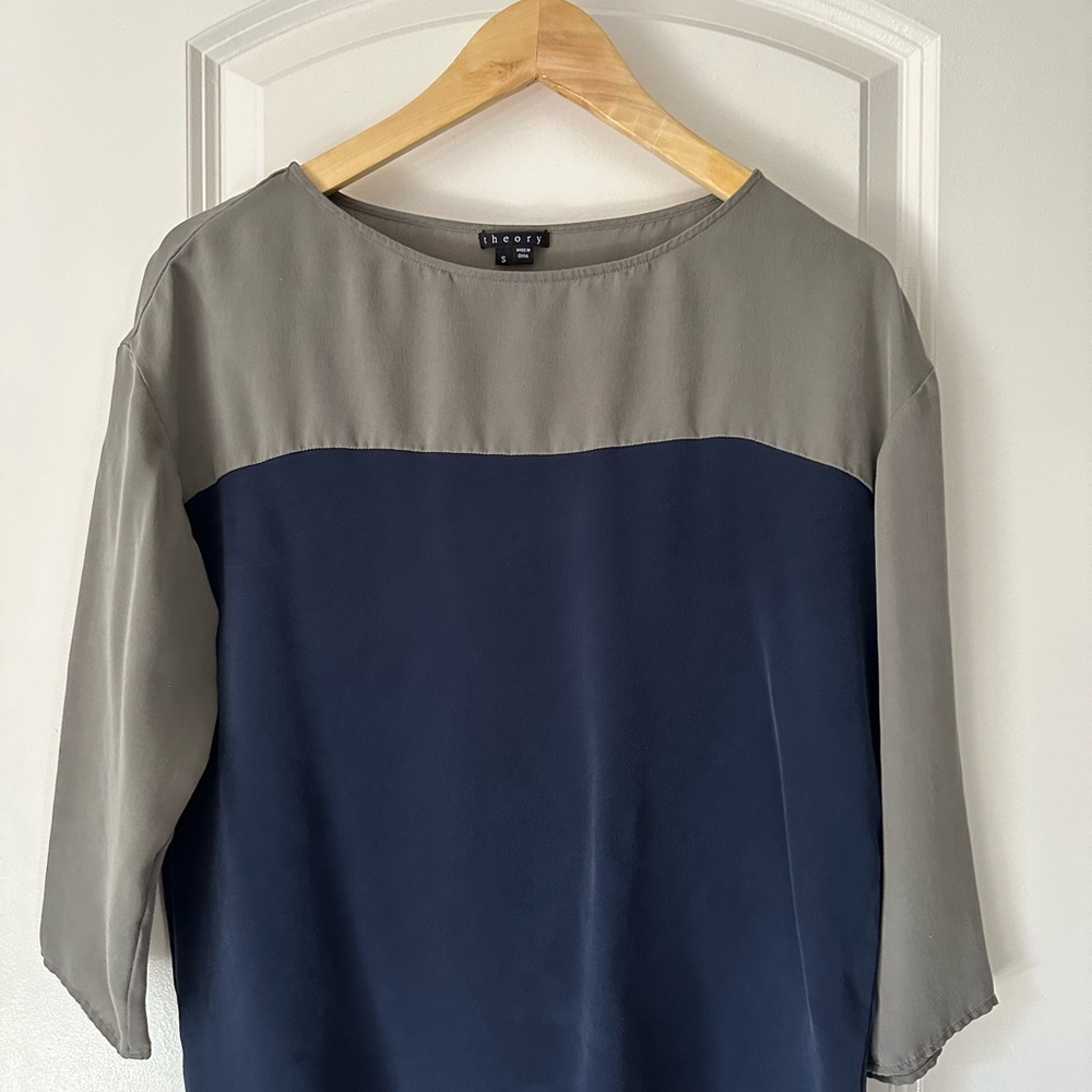 Theory Gray and Blue Women's Color Block Silk Top